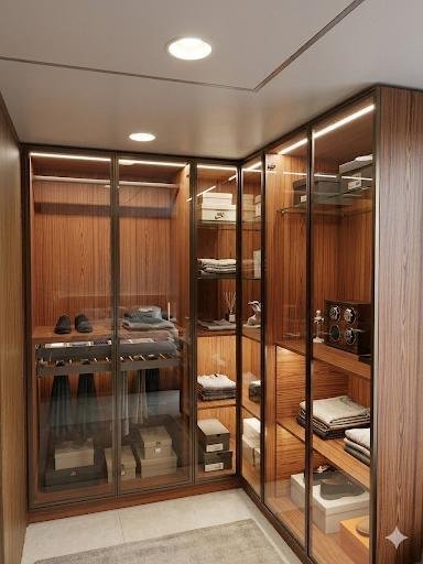 Walnut Glass Walk-in Wardrobe — Wardrobes interior by RV Homes Interiors